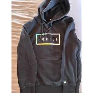 Hurley Hoodie Mens Medium Black Spell Out Sweater Pullover Fleece Surf